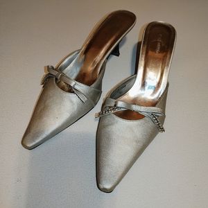 Silver kitten heel mules with bling bow